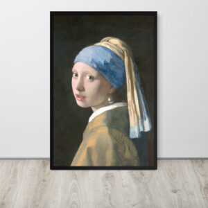 La Ragazza con l'orecchino di perla" di Jan Vermeer. Un'icona di eleganza e mistero, con il suo sguardo penetrante e l'orecchino di perla che cattura la luce. Stampa su carta premium con cornice in legno naturale, perfetta per ogni ambiente.