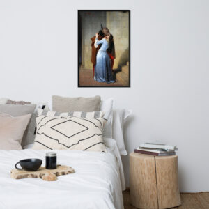 Il Bacio" di Hayez. Un ritratto iconico di passione e lotta per la libertà, catturato in un dipinto che celebra l'amore. Stampa su carta premium con cornice in legno naturale, perfetta per ogni spazio